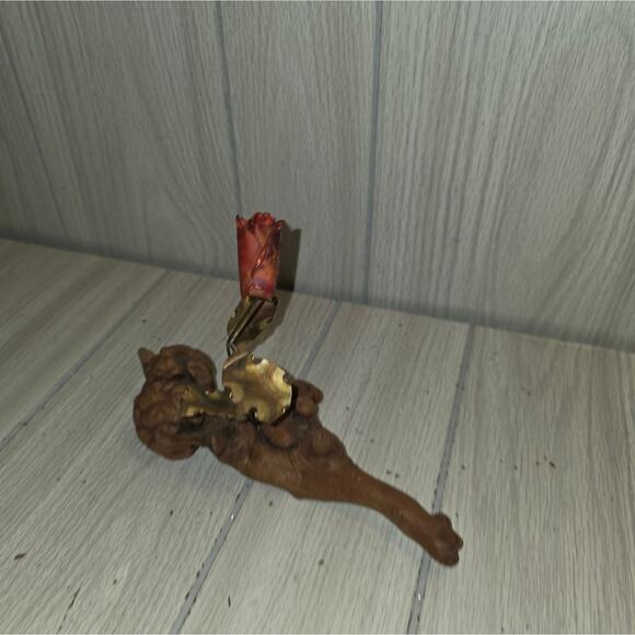 Vtg Copper Rose Bud On Burl Wood Base Sculpture Handmade Brutalist MCM Love - Picture 6 of 7